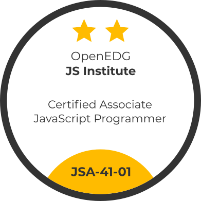 JSA Certified Associate JavaScript Programmer certification badge